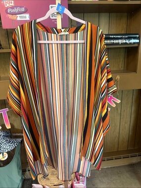 eesome Orange Multicolor Striped Open-Front kimono
